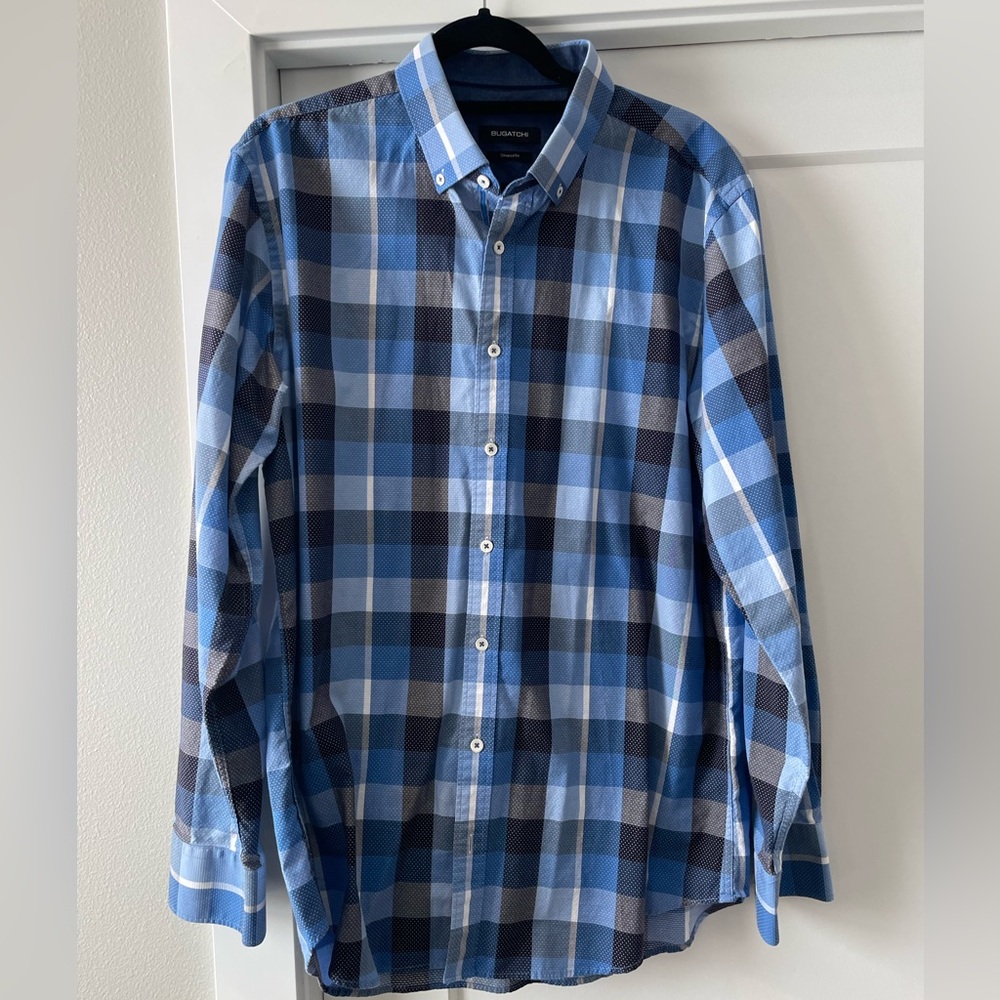 Men’s Bugatchi Button Down, Size XL, Navy Blue Checkered, Perfect Condit…
